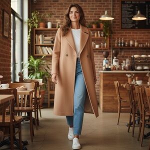 Club Monaco Daylina Double Breasted Camel Tan Long Knee Length Coat XS